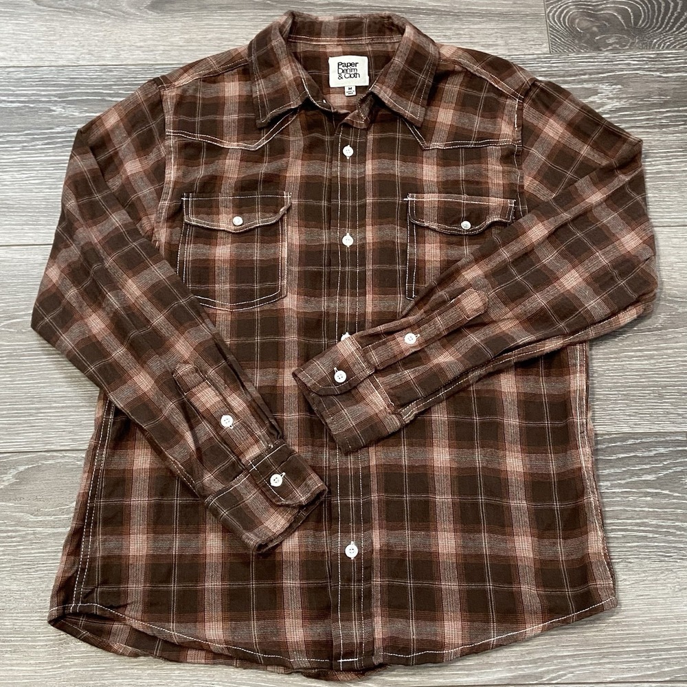 Long Sleeve Plaid Shirt Mens M Brown Paper Denim & Cloth Pearl Snap Pockets